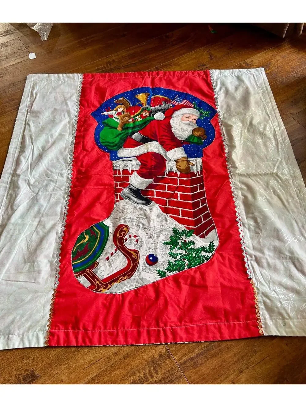 Handmade Christmas Blanket Santa on Chimney in Stocking Back Wreaths